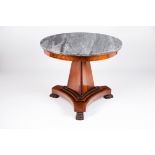 An Empire style gueridonSolid, veneered and burr mahogany Grey marble top Claw feet Portugal, 19th