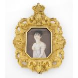 English school, 19th centuryMiniature on ivory Gilt and chiselled bronze frame of foliage motifs