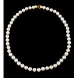 A pearl necklaceAkoya cultured pearls Ca. 8/8,5mm "Om Pearls" certificate Gold clasp Deer hallmark