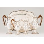 A tea and coffee set with trayPortuguese silver D.Maria style decoration, chiselled baluster body of