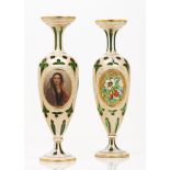A pair of Bohemian vasesOverlay green and white glass Cut and painted decoration of gilt foliage