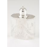 A tea caddyPortuguese silver D.Maria style decoration Faceted, engraved and chiselled body of