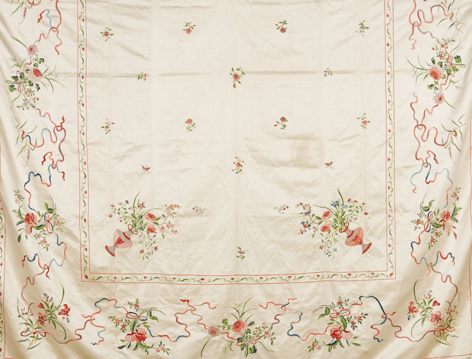 An Indo-Portuguese bedspreadIndo-Portuguese bedspread Silk-thread embroidered floral decoration 19th