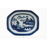 An octagonal serving trayChinese porcelain Blue underglaze decoration of central river view with
