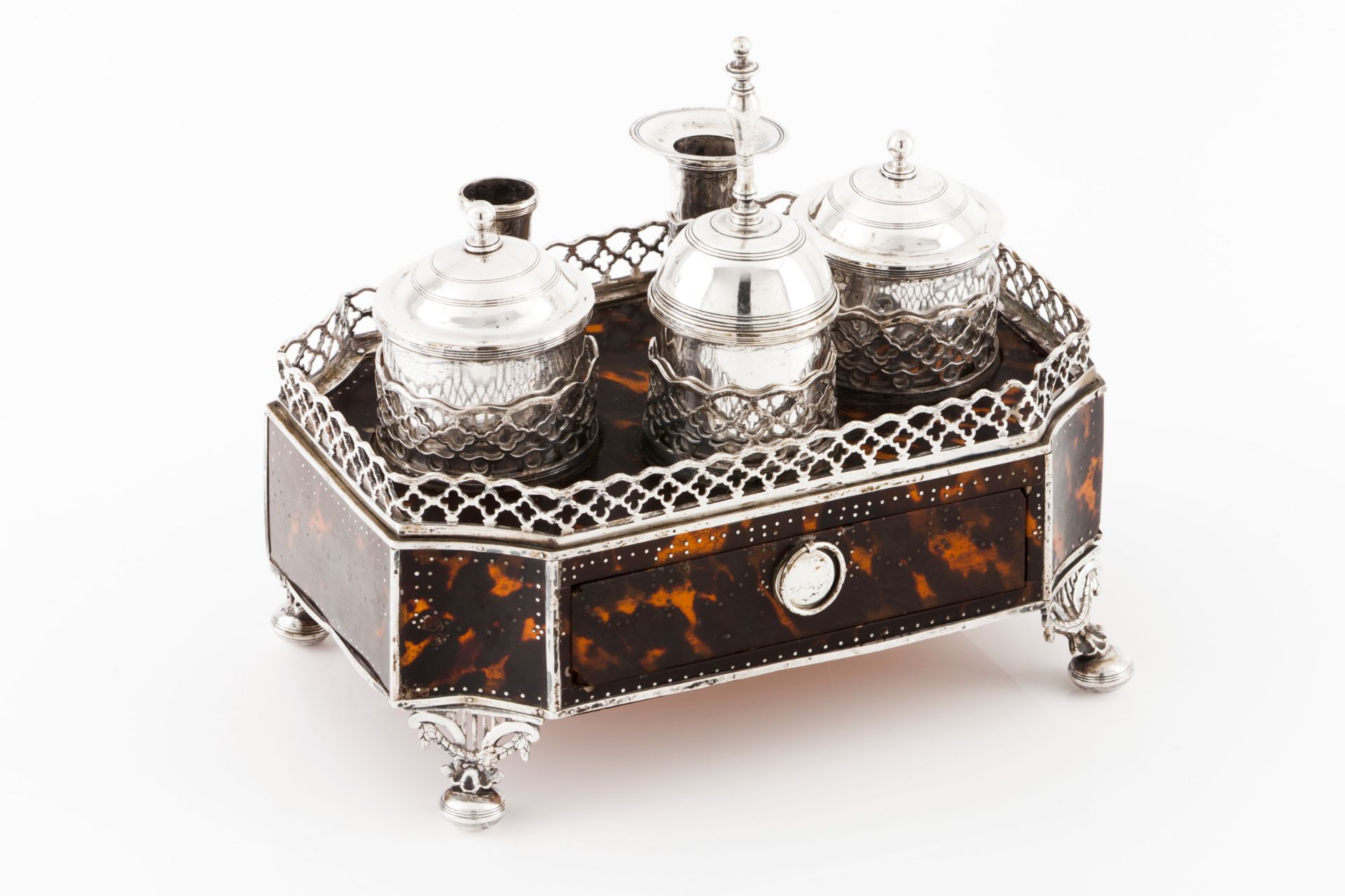 An inkwellFrench silver, 18th / 19th century Tortoiseshell veneered scalloped wooden stand of