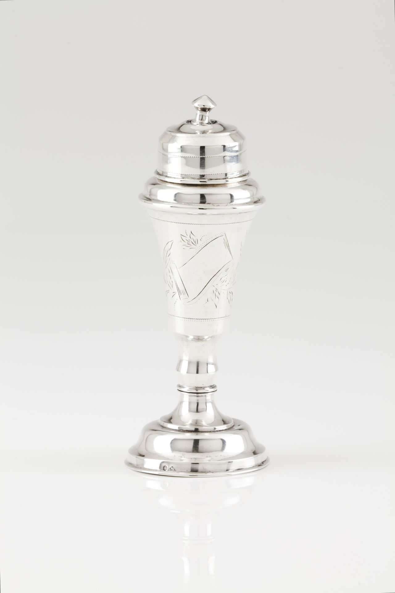 A toothpick holder and coverPortuguese silver Plain turned body engraved with foliage motifs on a