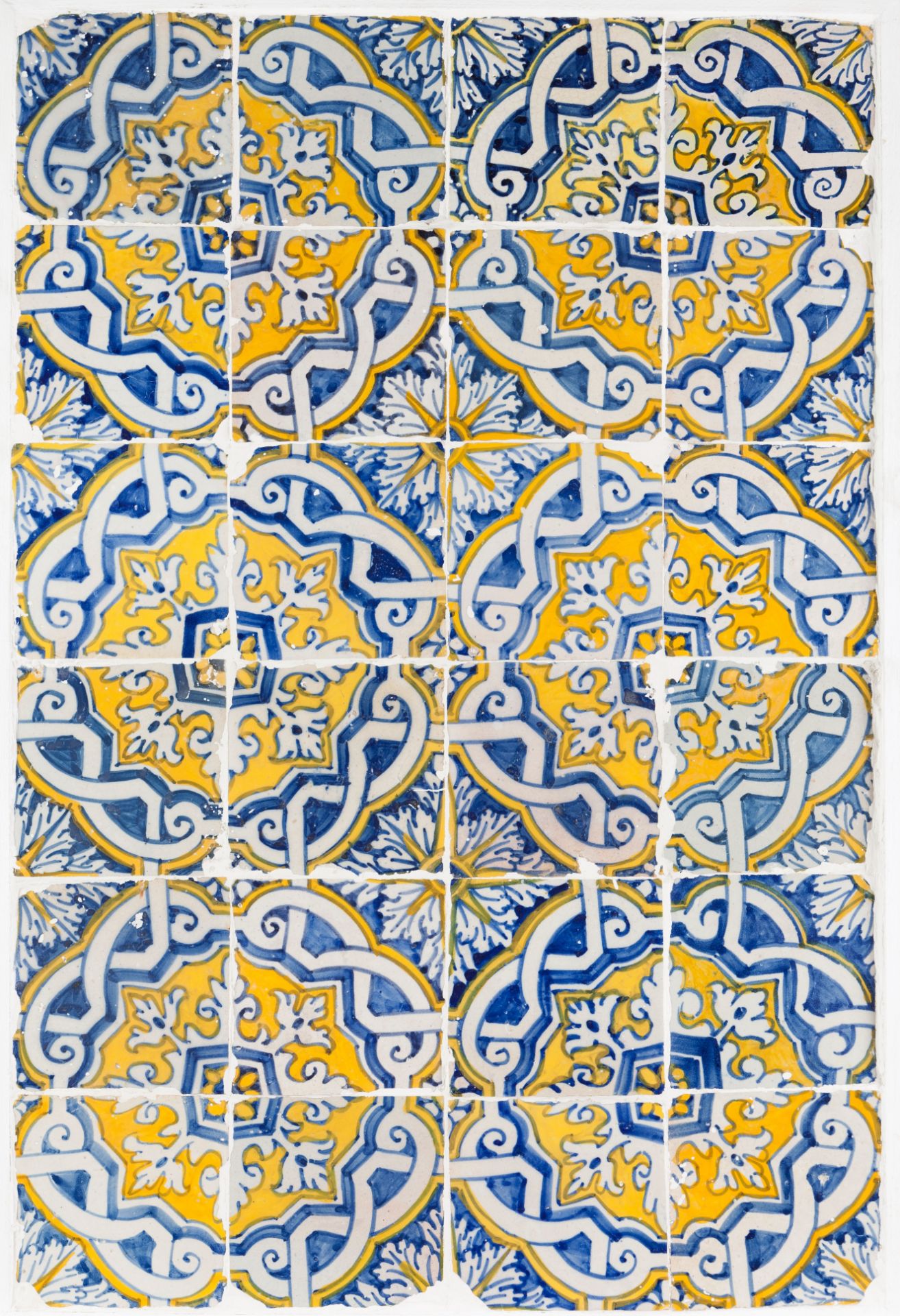 A tile panelYellow and blue "carpet pattern" decoration 48 tiles Portugal, 17th century (faults