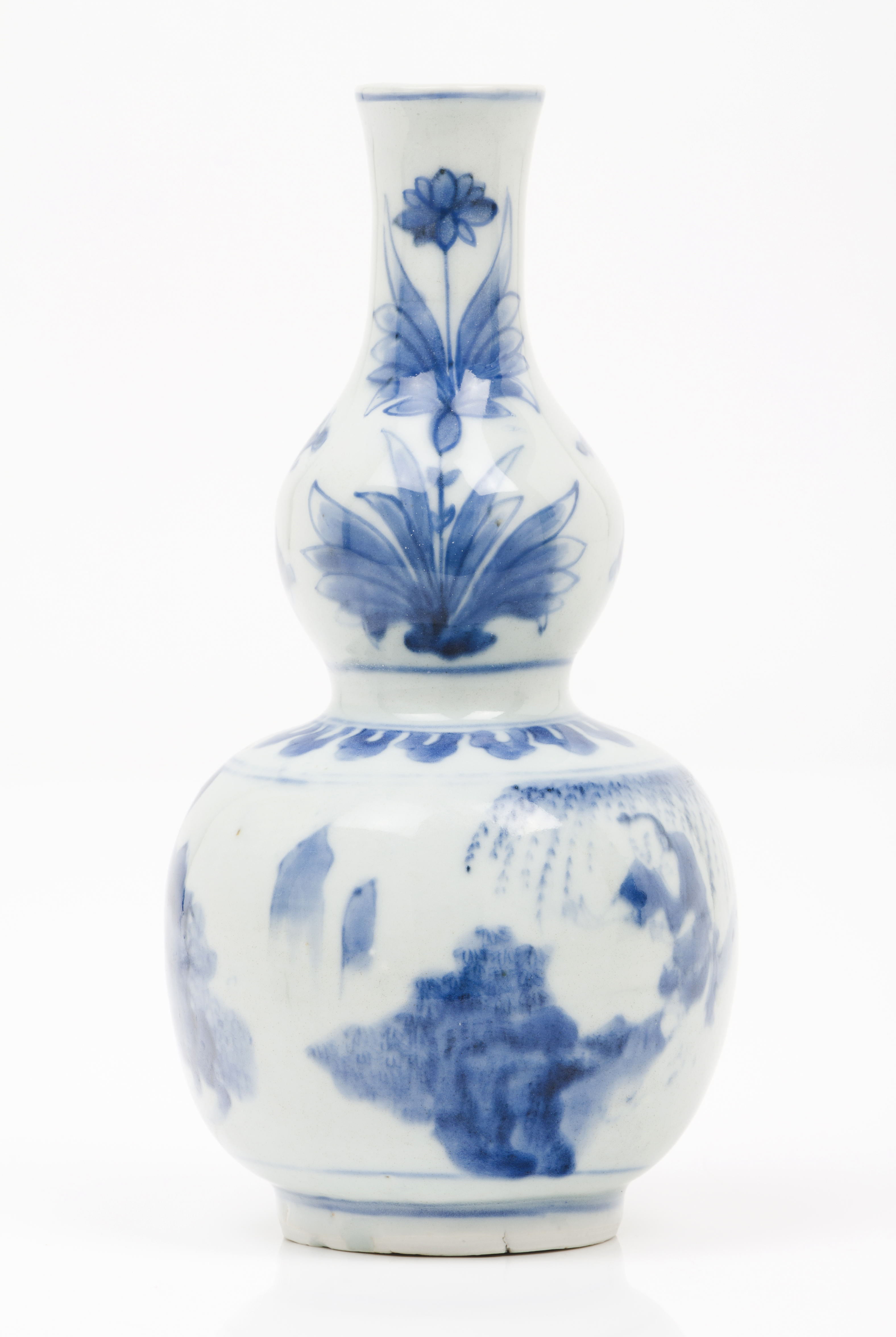 A gourdChinese porcelain Blue underglaze decoration of landscape with figures, foliage motifs and