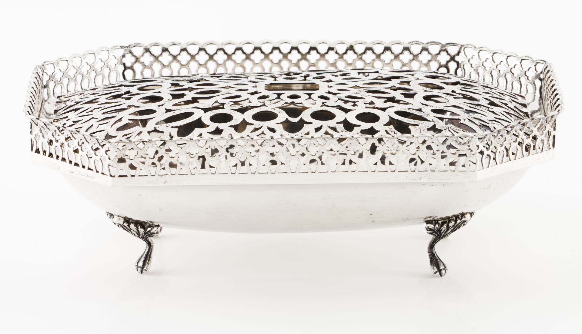 A flower bowl / plateauPortuguese silver Rectangular bowl of cut corners and pierced geometric