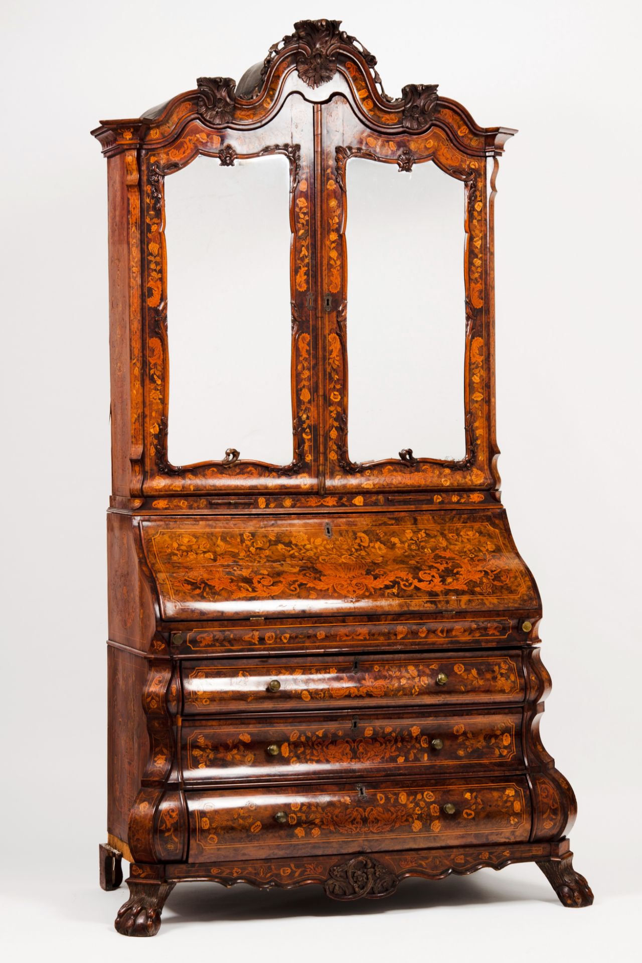 A Dutch marquetry bureau bookcaseWalnut and burr-walnut root veneered Richly decorated with