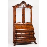 A Dutch marquetry bureau bookcaseWalnut and burr-walnut root veneered Richly decorated with