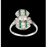 An Art Deco ringPlatinum Set with 21 diamonds and various cuts the largest an Europa brilliant cut