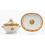A tureen with cover and trayChinese export porcelain Grisaille and gilt decoration of frames with