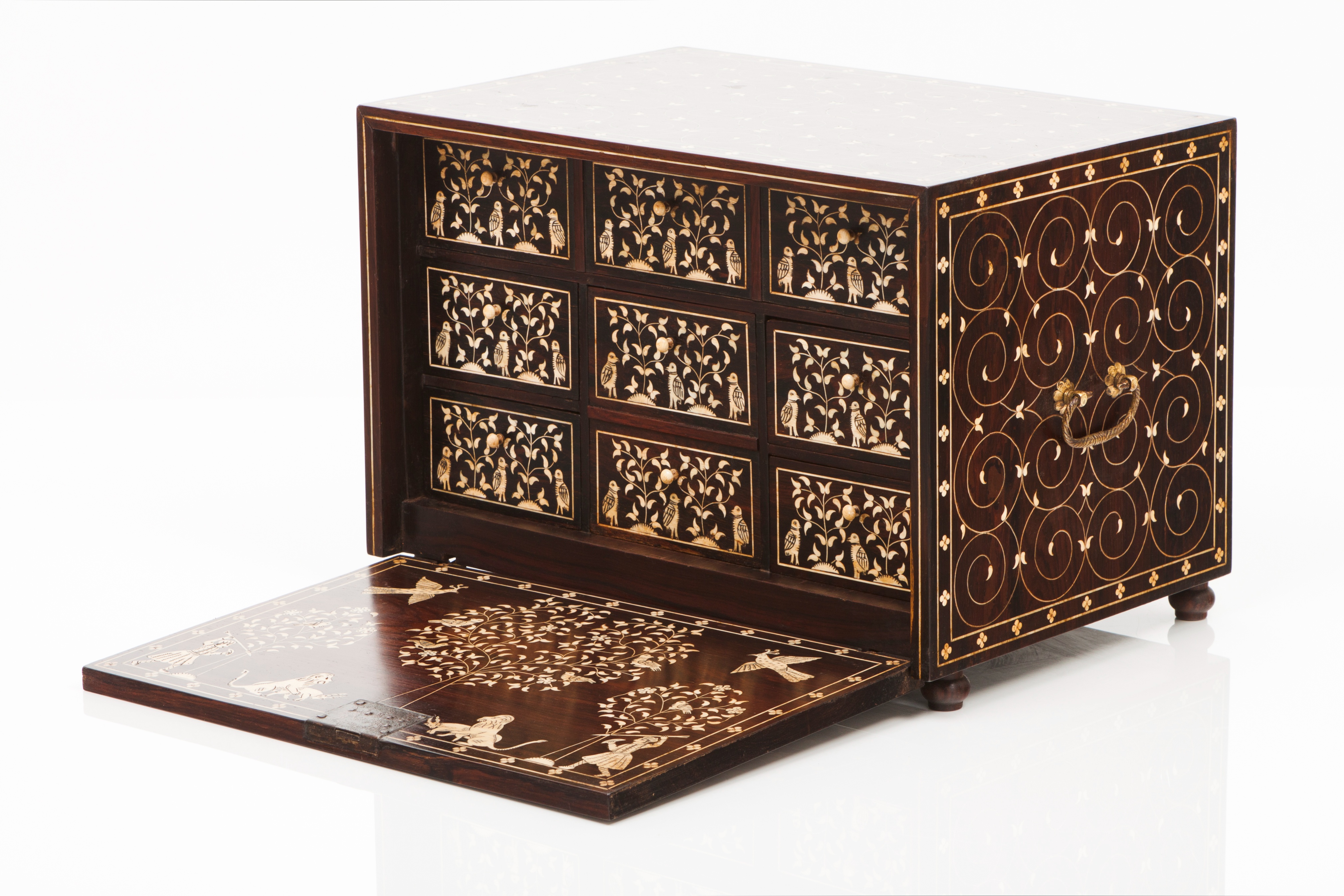 A small cabinetFall front teak and ebony cabinet Ivory inlaid of floral friezes, Indian figures