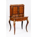 A Napoleon III bonheur du jourMahogany, burr mahogany and various timbers marquetry Floral and