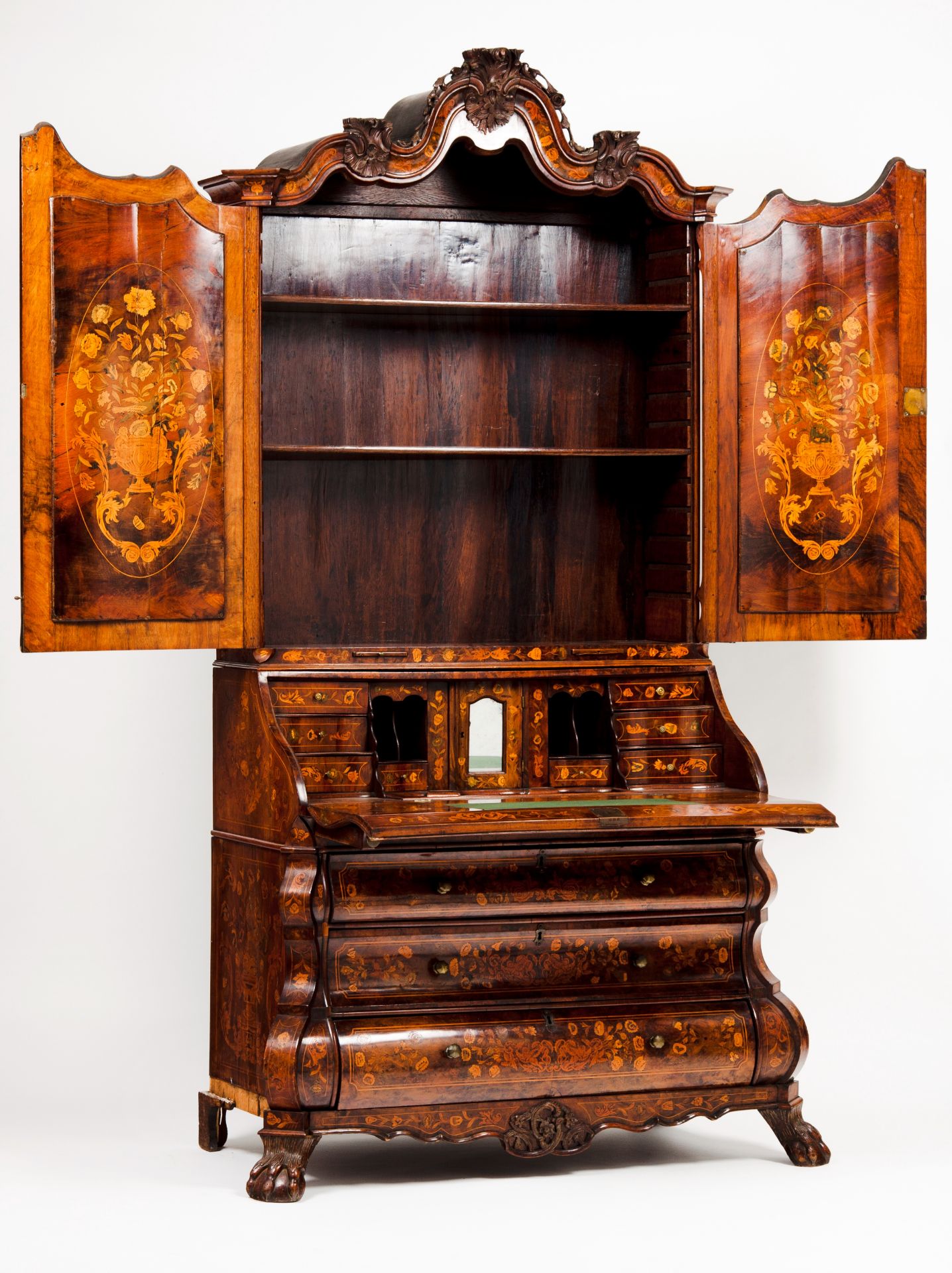 A Dutch marquetry bureau bookcaseWalnut and burr-walnut root veneered Richly decorated with - Image 2 of 2