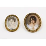 European school, 19th/20th centuryPortraits of ladies Two gilt metal brooches with miniatures on