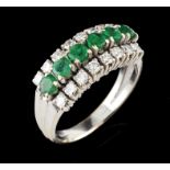 A memory ringPortuguese gold Set with 6 round cut emeralds and 16 8/8 cut diamonds Ant hallmark