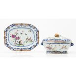 A tureen with cover and trayChinese export porcelain Polychrome "Famille Rose" decoration of birds