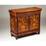A small Dutch cabinetMahogany with marquetry decoration Depicting vases with flowers One drawer