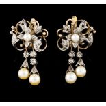 A pair of earringsSilver and Portuguese gold Stylised flower set with pearl and rose cut diamonds