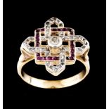 An Art deco ringSilver and gold Set with calibrated rubies and rose cut diamonds Europe, ca. 1940