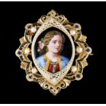 A broochGold, 19th century Painted and enamelled girl's portrait in pierced and chiselled frame with