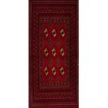 A Turkmen rug, IranWool and cotton Geometric pattern in bordeaux, beige and blue107x50 cm