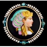 EffigyPolychrome painting on slate Frame in gold and silver Frieze with beads and turquoise Unmarked