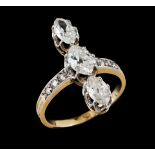 A ringGold Set with 3 marquise cut diamonds totalling (ca. 2.05ct) possibly colour J/K and 6 rose