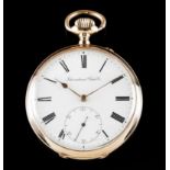 An International Watch & Co pocket watchGold case 18 Kt Enamelled dial od Roman numerals and seconds