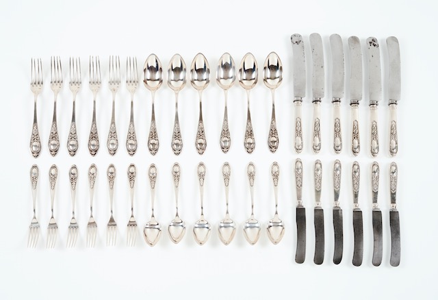 A six cover cutlery setPortuguese silver Romantic era decoration of blank frame, ribbons and bow Six