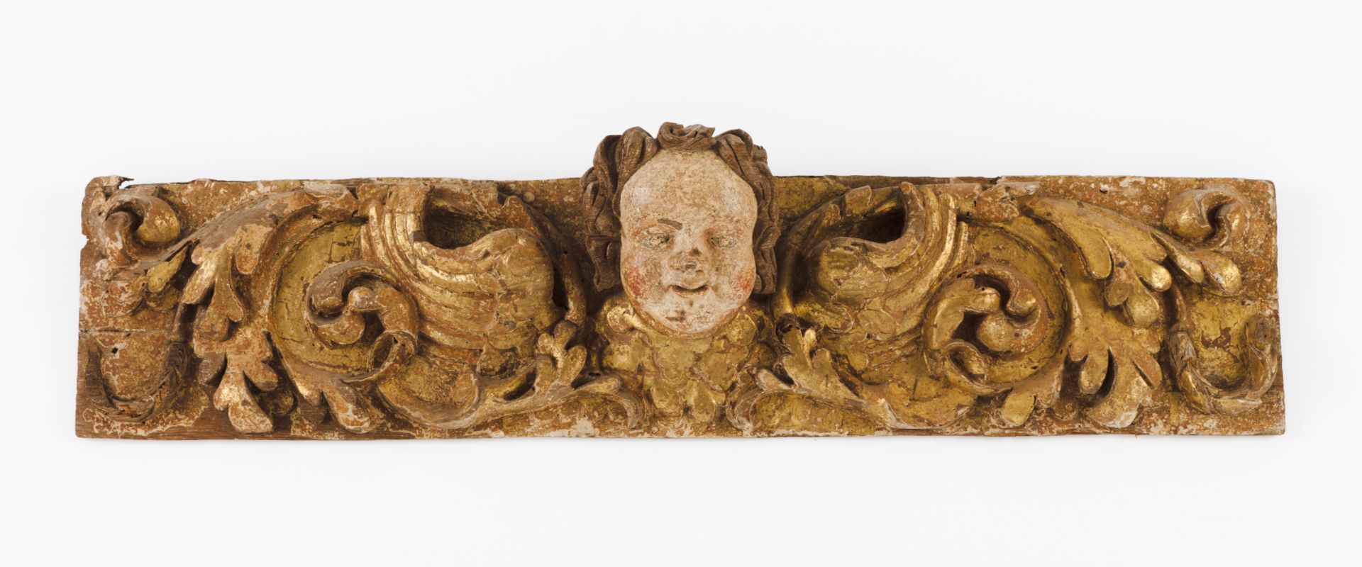 Two carved fragmentsCarved, gilt and polychrome wood Angel's heads and foliage scroll decoration - Image 2 of 2