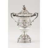 A bowl with coverSilver Raised decoration of fruits and foliage Deer heads' cutlery holders to lip