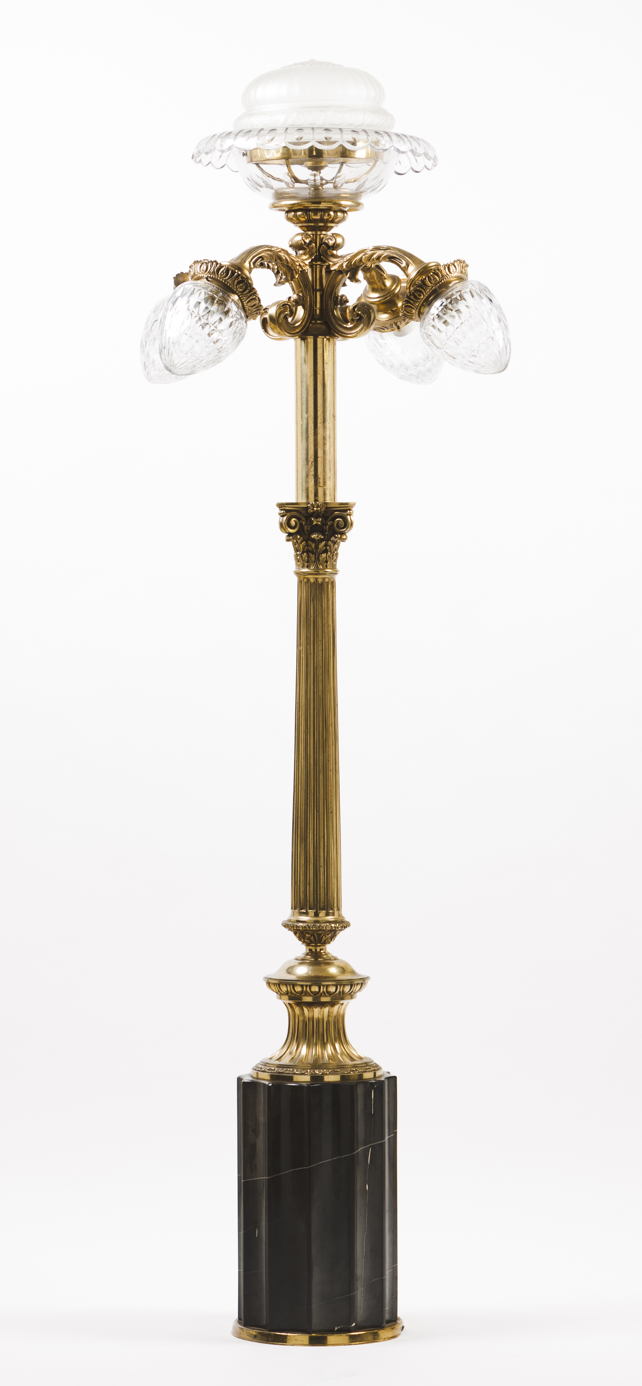 A lanternGilt bronze and marble Five branches of cut crystal pine cones and globe Classical column