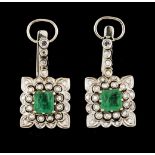 A pair of drop earringsPortuguese gold Square shaped set with emerald (ca. 6.5x6mm) framed by two