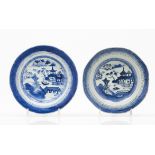 A pair of deep platesChinese porcelain Blue underglaze decoration of central river view with pagodas
