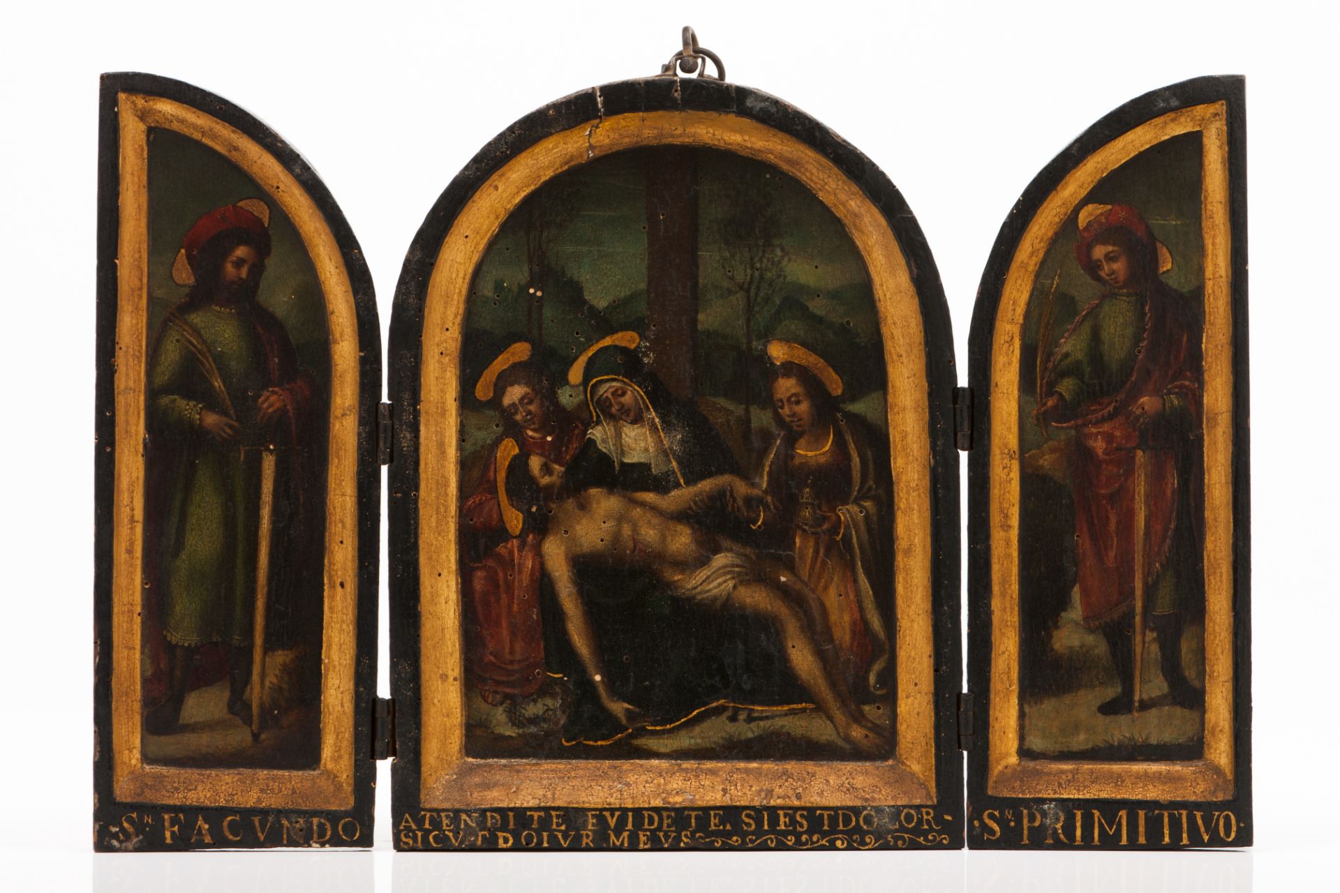 European school, 16th centuryA Pieta triptych Oil on board Grisaille "Annunciation" scene to the