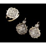 A pair of earrings and ringSilver and gold, 19th / 20th century Romantic era decoration of