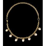 Necklace/ bracelets, H. STERN18kt gold Oval link chain, with seven gold and cultured pearl