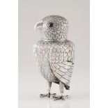An owl boxPortuguese silver Moulded, engraved and chiselled body of garnet eyes Eagle hallmark 925/