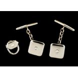 A pair of cufflinks and a studPortuguese gold Square shaped set with small brilliant cut diamond Ant