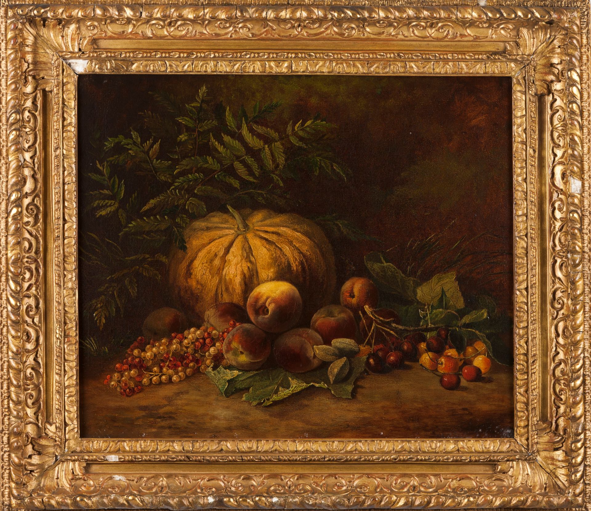 European school, 20th centuryA Still Life with pumpkin and fruits Oil on canvas 47x55 cm