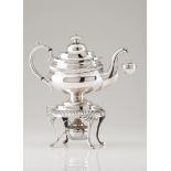 A teapot on stand, strainer and burnerSilver Plain oval body of gadrooned band Stand of identical