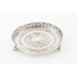 A small card trayPortuguese silver Engraved and guilloche centre with blanc frame and pierced floral