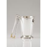 An ice bucket with tongs and gridPortuguese silver Plain body of foliage engraved band and beaded