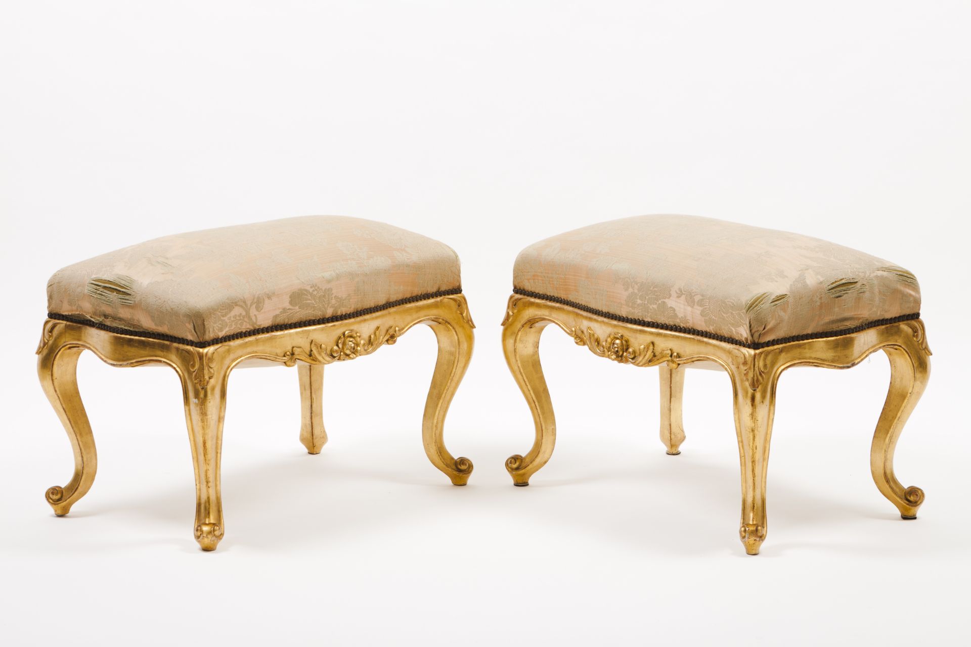 A pair of Louis XV style stoolsGilt and carved wood Silk damask upholstery France, 19th century (
