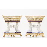 A pair of fruit standsEuropean porcelain biscuit Cobalt blue and gilt decoration Pierced baskets