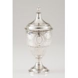 A sugar bowlPortuguese silver D.Maria style part fluted urn shaped body of engraved foliage band and