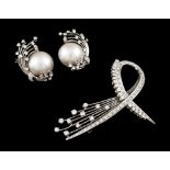 A pair of earrings and broochPlatinum Stylised foliage element set with brilliant cut diamonds